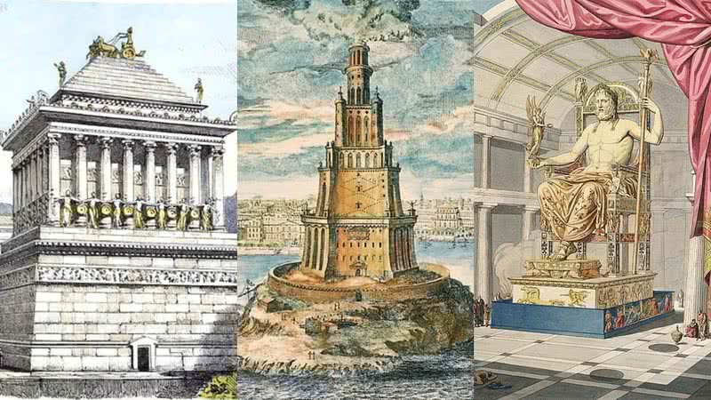 Mausoléu de Halicarnasso, Farol de Alexandria e Estátua de Zeus, três das maravilhas do mundo antigo - Domínio Público via Wikimedia Commons