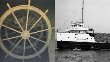 Leme encontrado no fundo do lago e o navio Arlington - Reprodução / Sociedade Histórica de Naufrágios dos Grandes Lagos