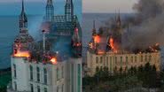 Imagens do "Castelo de Harry Potter" em chamas, na Ucrânia - Reprodução/Vídeo/X/@Newsweek / Reprodução/X/@taira_paievska