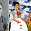 Frida Kahlo em fotografia ao lado de uma de suas obras