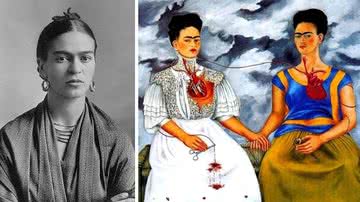 Frida Kahlo em fotografia ao lado de uma de suas obras - Wikimedia Commons/Guillermo Kahlo e Divulgação