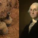 Garrafas encontradas em Mount Vernon e retrato de George Washington, primeiro presidente dos Estados Unidos - Divulgação/Mount Vernon / Domínio Público via Wikimedia Commons