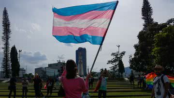 Pessoa segurando bandeira trans - Getty Images