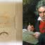 Amostras dos fios de cabelo do compositor e um retrato de Beethoven
