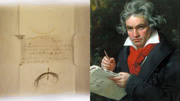 Amostras dos fios de cabelo do compositor e um retrato de Beethoven - Reprodução / Kevin Brown e Domínio público
