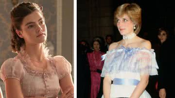 Florence Hunt em Bridgerton; à direita, a princesa Diana - Divulgação/Netflix/Getty Images