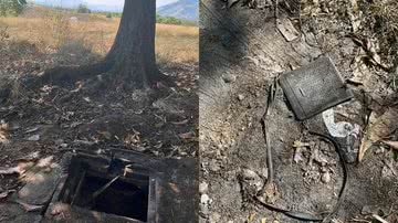 Cisterna em que ossada foi encontrada e uma bolsa encontrada no local - Reprodução