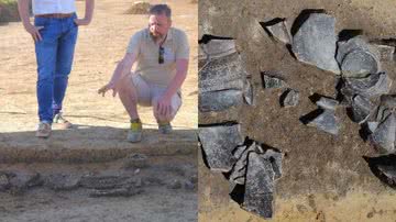 Arqueólogos avaliando o enterro e alguns pedaços de cerâmica encontrados no local - Reprodução / Distrito de Dingolfing-Landau