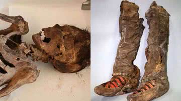 Múmia encontrada na Mongólia e detalhe dos calçados - Divulgação/Centro do Patrimônio Histórico da Mongólia