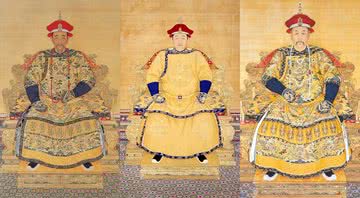 Imperadores da dinastia Qing. Da esquerda para a direita: Kangxi, Shunzhi, Yongzheng - Wikimedia Commons
