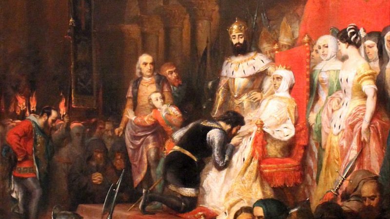 'A Coroação de Inês de Castro em 1361', obra de Pierre-Charles Comte - Domínio Público