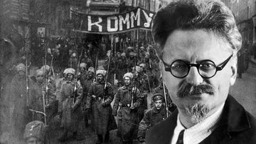 Montagem com emblemática fotografia tirada durante a Revolução Russa e do intelectual marxista Leon Trotsky - Domínio Público via Wikimedia Commons