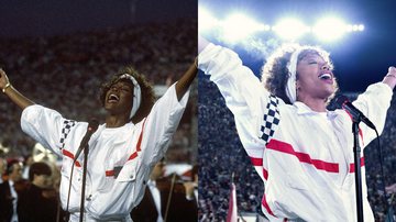 Whitney Houston em sua apresentação no Superbowl (esq.) e Naomi Ackie vivendo Whitney Houston em filme (dir.) - Getty Images e Divulgação / Sony Pictures