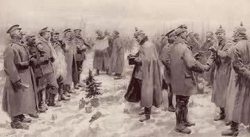 Soldados de ambos os lados (os britânicos e os alemães) trocam uma conversa animada - The Illustrated London News via Wikimedia Commons