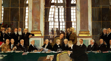 Pintura Assinatura do Tratado na Sala dos Espelhos do Palácio de Versalhes - Domínio Público/Imperial War Museum Collections