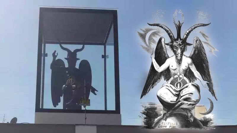 Montagem entre o Baphomet de Alvorada e ilustração da figura - Divulgação / Redes sociais / Wikimedia Commons