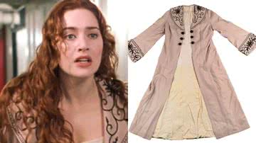 Kate Winslet, que interpreta a Rose, com o casaco em questão e a vestimenta à leilão, respectivamente - Divulgação/Fox e Reprodução/Goldin
