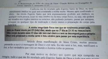 Carta escrita pelo pastor em 2008 - Divulgação/TV Anhanguera