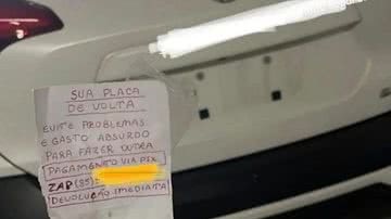 Bilhete deixado por criminoso após furtar placa - Divulgação / TV Globo