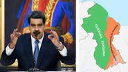 O presidente venezuelano Nicolás Maduro; à direita, um mapa mostra o território em disputa (em verde) - Getty Images e Wikimedia Commons/Milenioscuro