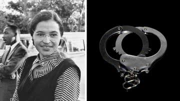 Rosa Parks durante a década de 50; à direita, imagem ilustrativa de algemas - Wikimedia Commons/USIA e Pixabay/Jörg Husemann