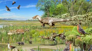 Retrato ilustrativo da Patagônia chilena no período Cretáceo, dominado pelos dinossauros megaraptores - Reprodução/Instagram/Paleogdy