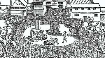 Ilustração de uma execução de mulher em 1546 - Divulgação/Robert Crowley/Domínio público