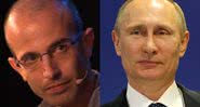 Yuval Noah Harari (à esqu.) e Putin (à dir.) - Divulgação/Vídeo/Youtube/Intelligence Squared e Getty Images