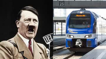À esquerda, Hitler discursando, e à direita, uma imagem ilustrativa de um trem europeu, em Munique, na Alemanha - Getty Images e Lennart Preiss/Getty Images