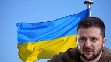 Bandeira da Ucrânia e Zelensky em montagem - Getty Images