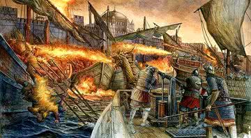 O equipamento em ação durante o Cerco de Constantinopla (717) - Divulgação/Thought Military History
