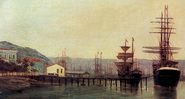Porto de Santos em 1888, por Benedito Calixto - Domínio Público