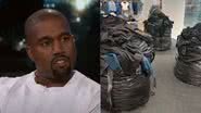 À esquerda imagem do rapper Kanye West e à direita imagem de roupas da coleção do rapper em sacos de lixo - Reprodução/Youtube/Jimmy Kimmel Live e Reprodução/Twitter/@owen__lang