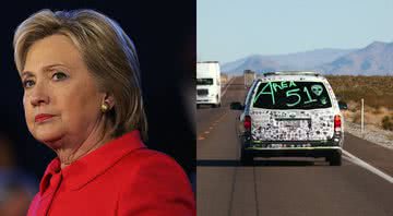 Hillary Clinton (à dir.) e carro se dirigindo até o local (à esqu.) - Getty Images
