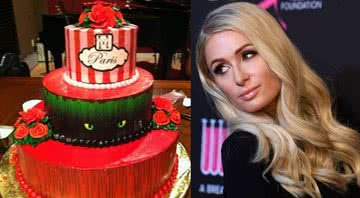 Montagem mostrando foto de bolo de Paris Hilton postada por penetra à esquerda, e a socialite à direita - Divulgação / Facebook / Arquivo pessoal / Getty Images