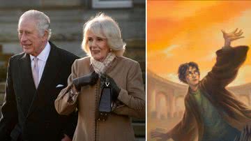 Charles e Camilla ao lado de foto de capa do livro Harry Potter - Getty Images e Divulgação
