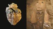 Antiga máscara de múmia e sarcófago com múmia dentro, descobertos em Saqqara, no Egito - Divulgação/Ministério Egípcio de Turismo e Antiguidades