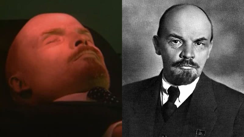 Imagem da múmia preservada de Lenin, e fotografia dele ainda vivo - Divulgação/YouTube/BBC News / Domínio Público via Wikimedia Commons