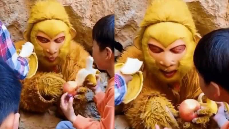 Imagem do ator vestido de Rei Macaco em Hebei, na China - Reprodução/Vídeo/X