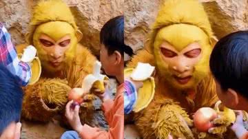 Imagem do ator vestido de Rei Macaco em Hebei, na China - Reprodução/Vídeo/X