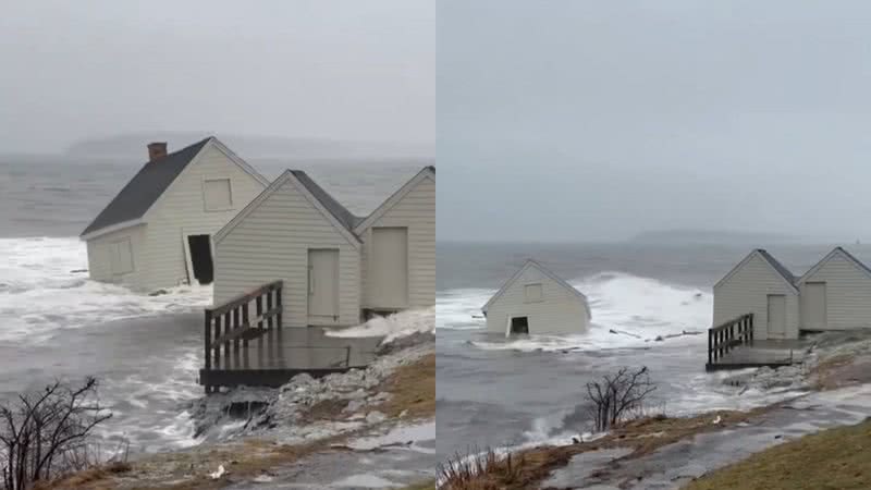 Imagens de vídeo que registra cabana de pesca centenária sendo devastada por maré nos Estados Unidos - Reprodução/Vídeo/X/@WGME