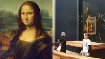 Mona Lisa (à esqu.) e registro do ataque (à dir.) - Domínio Público e reprodução/Vídeo