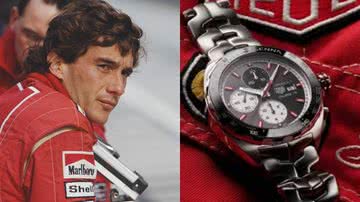 Ayrton Senna (esq.) e um dos relógios produzidos pela TAG Heuer em sua homenagem (dir.) - Getty Images e Divulgação/TAG Heuer