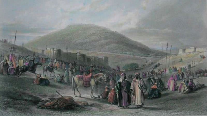 Ilustração do caravançarai de Khan al-Tujjar - Domínio Público via Wikimedia Commons