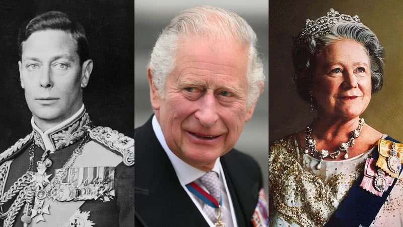 George VI, o rei Charles III e a Rainha Mãe (respectivamente) - Getty Images e domínio público