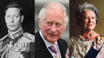 George VI, o rei Charles III e a Rainha Mãe (respectivamente) - Getty Images e domínio público