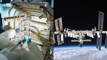 Cena de vídeo do robô para cirurgia remota sendo testado e foto da Estação Espacial Internacional (ISS) - Reprodução/X/@GraviticsInc / Domínio Público via Wikimedia Commons