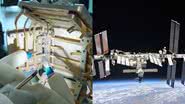 Cena de vídeo do robô para cirurgia remota sendo testado e foto da Estação Espacial Internacional (ISS) - Reprodução/X/@GraviticsInc / Domínio Público via Wikimedia Commons