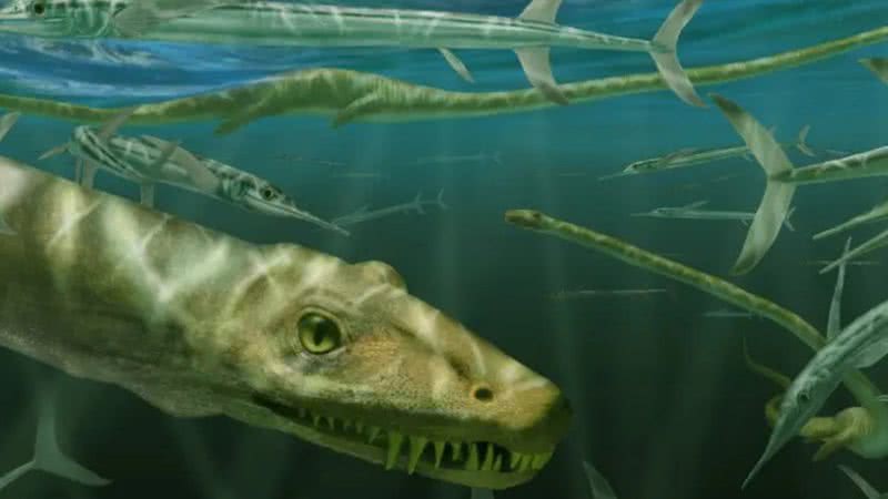 Ilustração do Dinocephalosaurus orientalis nadando com peixes pré-históricos - Reprodução/Earth and Environmental Science/Marlene Donelly