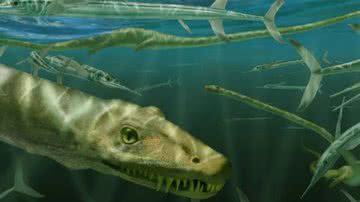 Ilustração do Dinocephalosaurus orientalis nadando com peixes pré-históricos - Reprodução/Earth and Environmental Science/Marlene Donelly